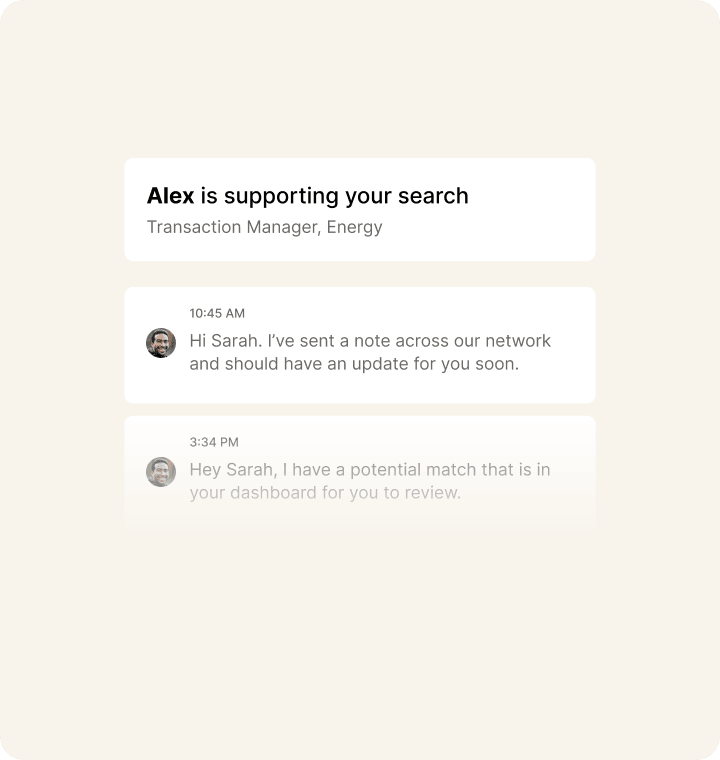 Messaging interface showing specialist Alex, Transaction Manager for Energy, sending updates about potential equipment matches in the network