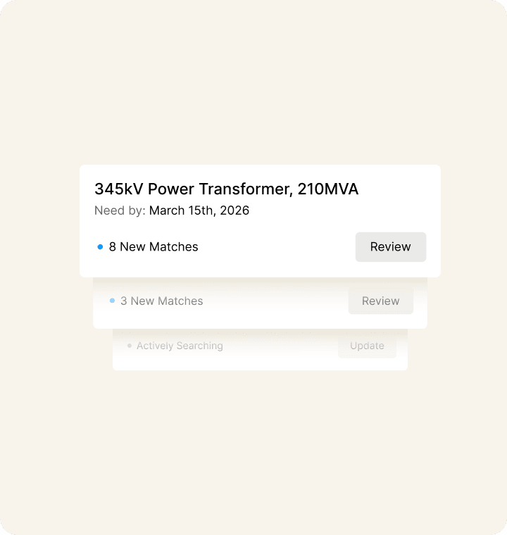 Dashboard showing active equipment searches with new match notifications including 8 new matches for a 345kV power transformer needed by March 2026