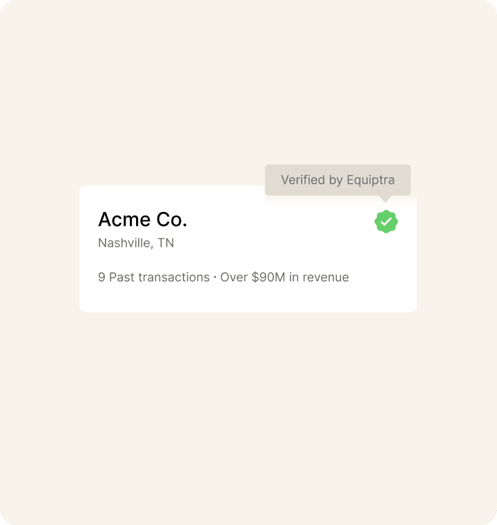 Seller profile card for Acme Co. in Nashville TN with Equiptra verification badge, showing 9 past transactions and over $90M in revenue