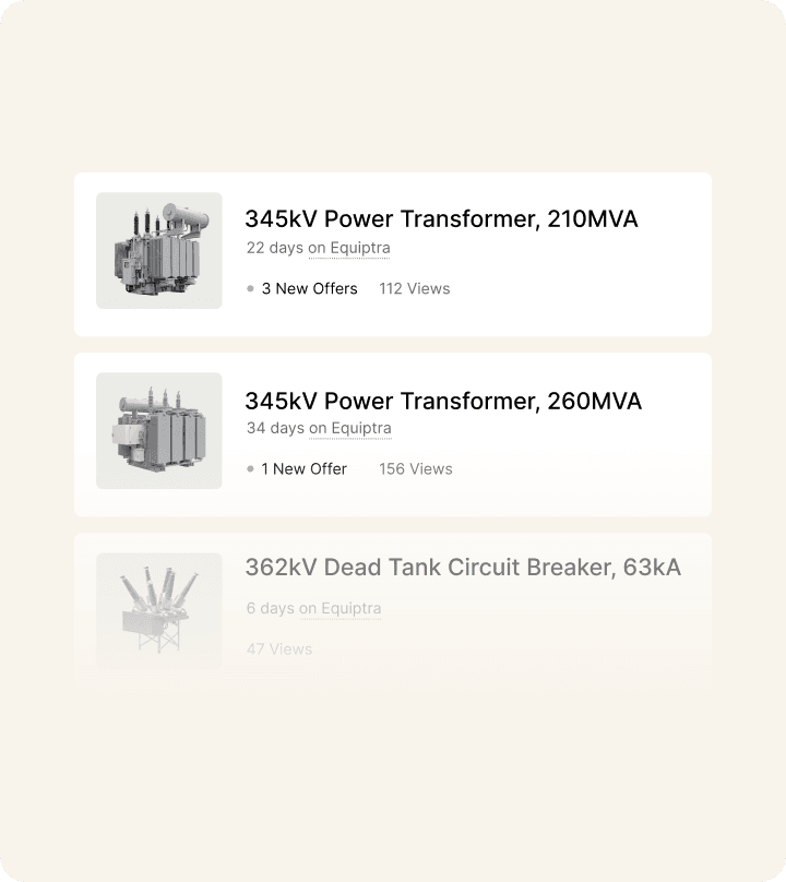 Listing dashboard showing three power transformer listings with engagement metrics: 3 new offers and 112 views for a 345kV transformer listed 22 days ago, 1 new offer and 156 views for a 320kV transformer listed 34 days ago, and 47 views for a 345kV transformer listed 6 days ago