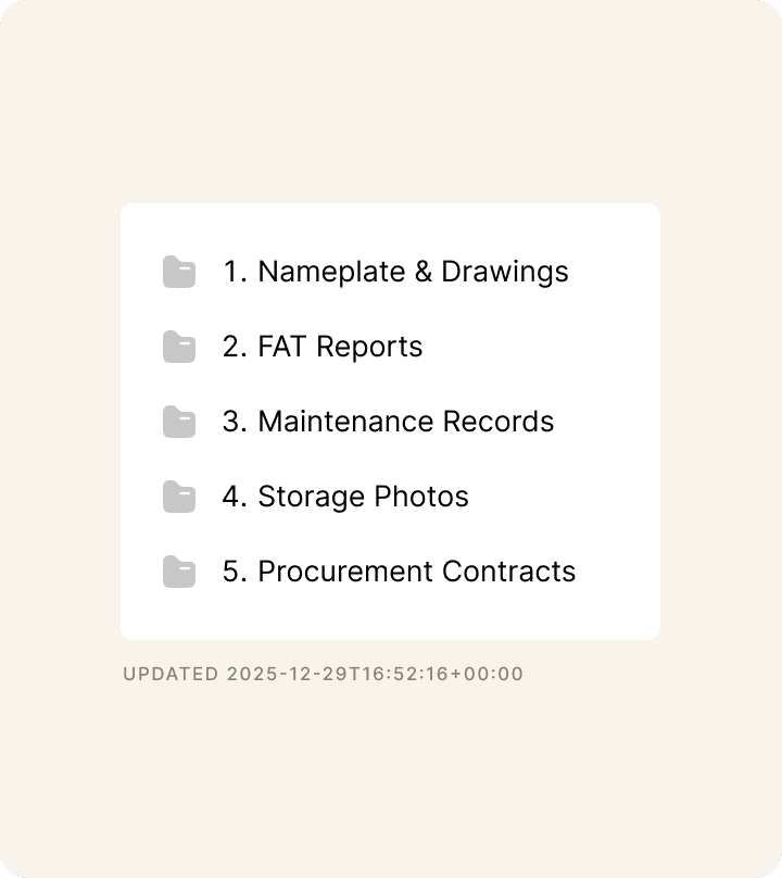 Organized data room folder structure with five sections: nameplate and ratings, test reports, maintenance records, photos and drawings, and ownership documentation, with a timestamp showing last update