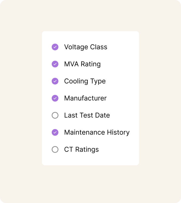 Asset detail collection checklist showing completed items with purple checkmarks for voltage class, MVA rating, cooling type, manufacturer, and maintenance history, with pending items for last test date and BIL rating